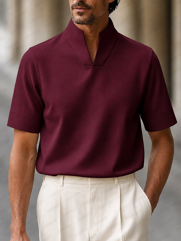Men's Short Sleeve Polo Shirt with Stand Collar and V-Notch