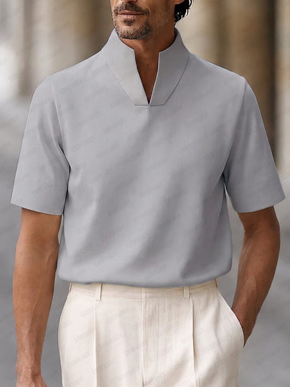 Men's Short Sleeve Polo Shirt with Stand Collar and V-Notch