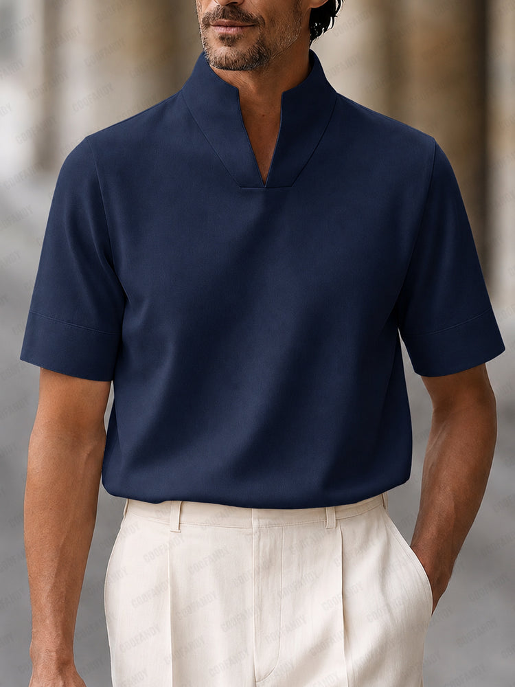 Men's Short Sleeve Polo Shirt with Stand Collar and V-Notch
