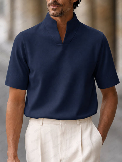 Men's Short Sleeve Polo Shirt with Stand Collar and V-Notch