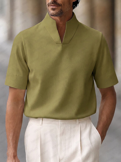 Men's Short Sleeve Polo Shirt with Stand Collar and V-Notch