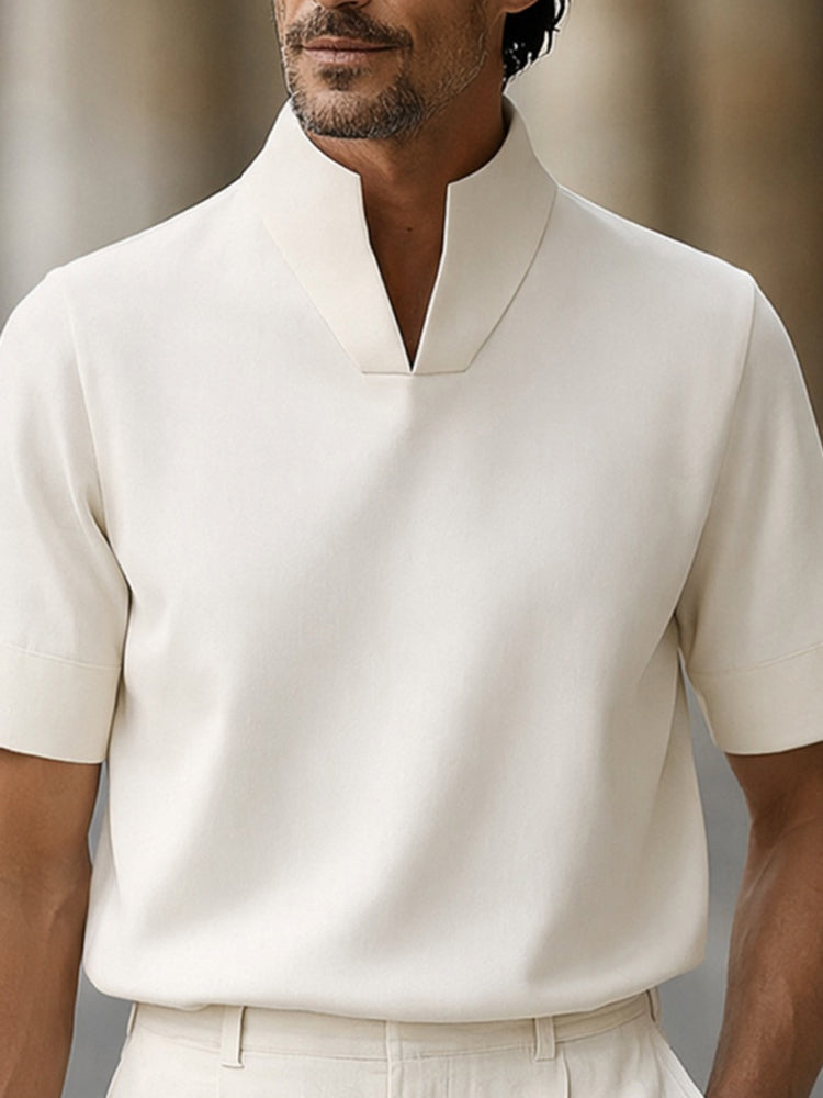 Men's Short Sleeve Polo Shirt with Stand Collar and V-Notch
