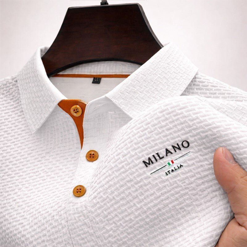 Men's Short Sleeve Polo Shirt with Textured Fabric and Button Placket