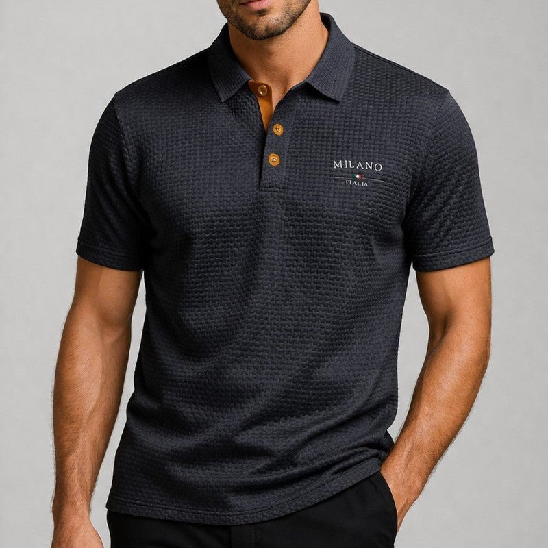 Men's Short Sleeve Polo Shirt with Textured Fabric and Button Placket
