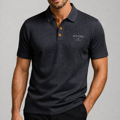 Men's Short Sleeve Polo Shirt with Textured Fabric and Button Placket