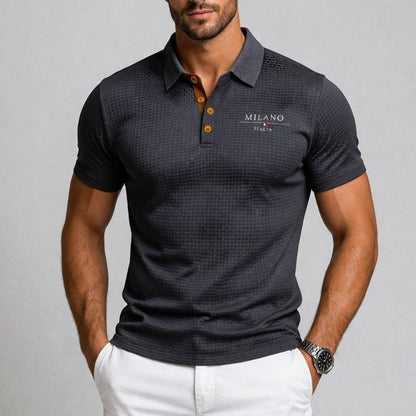 Men's Short Sleeve Polo Shirt with Textured Fabric and Button Placket