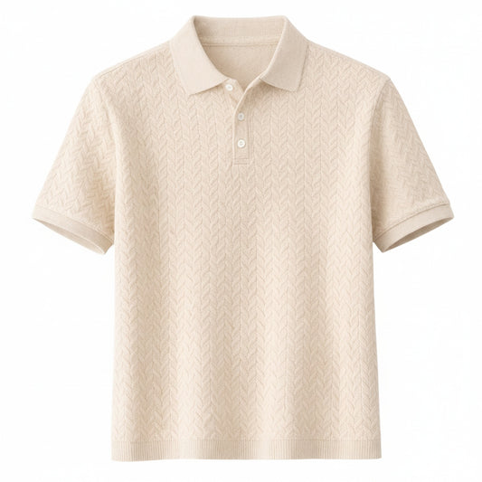 Men's Short Sleeve Polo Shirt with Textured Pattern and Button Collar