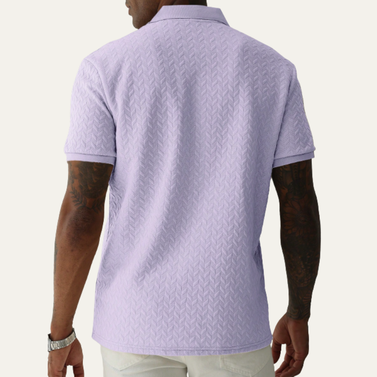 Men's Short Sleeve Polo Shirt with Textured Pattern and Button Collar