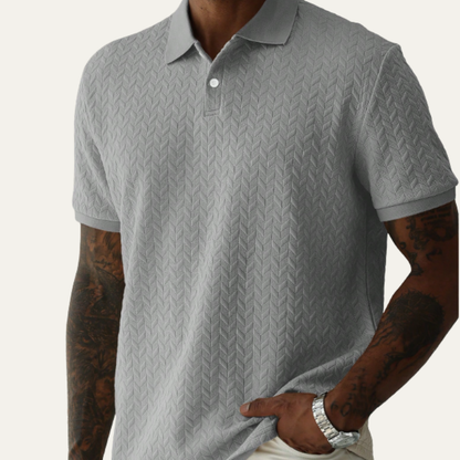 Men's Short Sleeve Polo Shirt with Textured Pattern and Button Collar