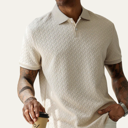 Men's Short Sleeve Polo Shirt with Textured Pattern and Button Collar