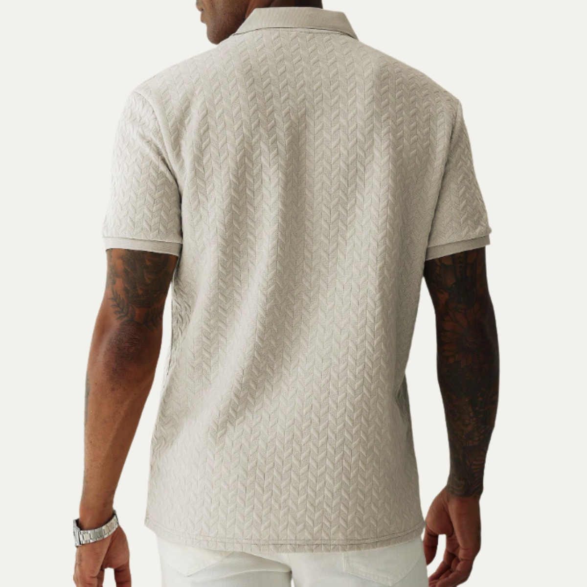 Men's Short Sleeve Polo Shirt with Textured Pattern and Button Collar
