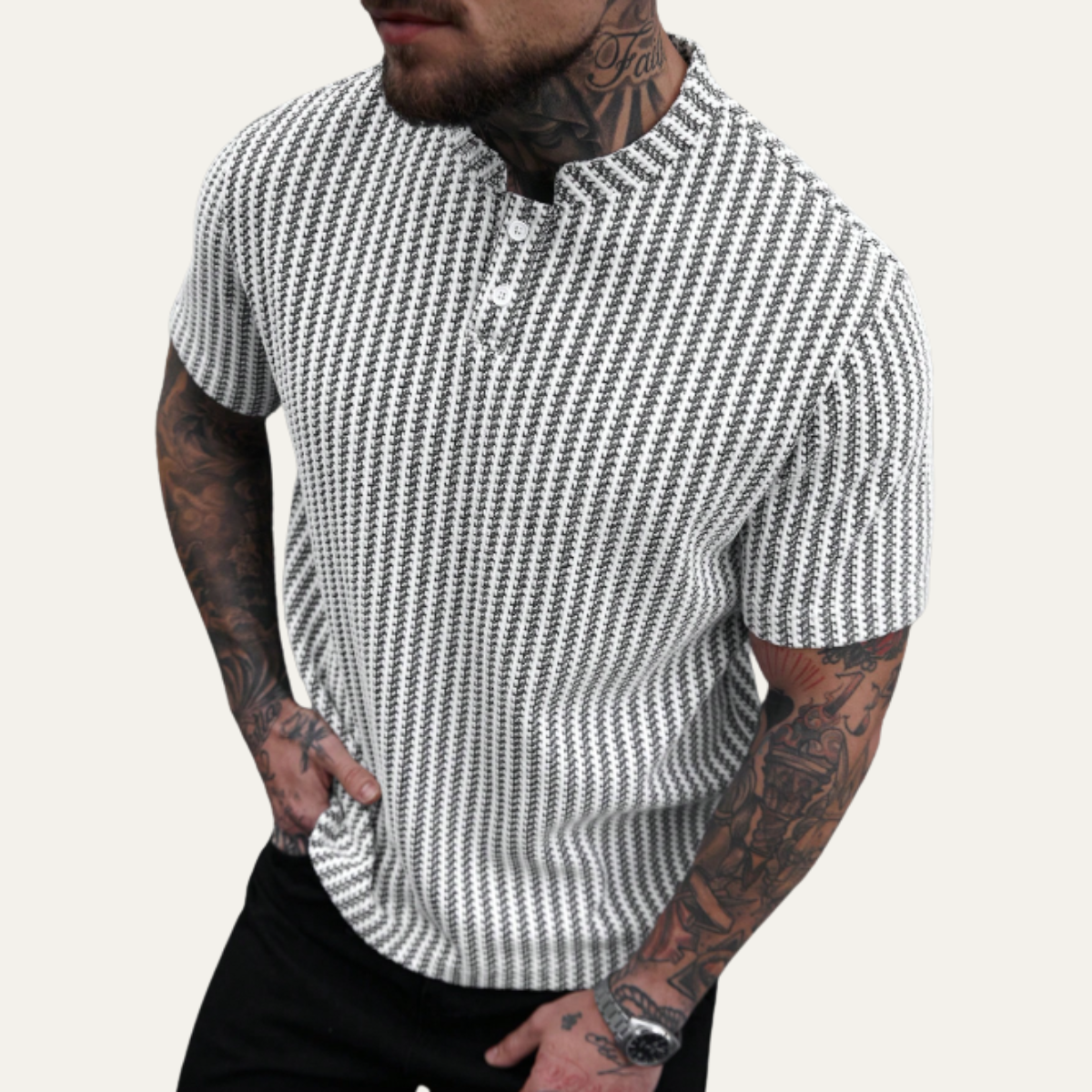 Men's Short Sleeve Polo Shirt with Textured Pattern and Button Collar