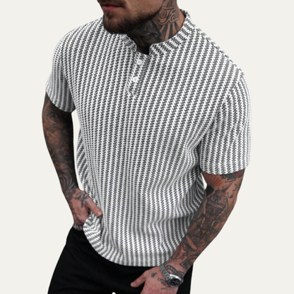 Men's Short Sleeve Polo Shirt with Textured Pattern and Button Collar