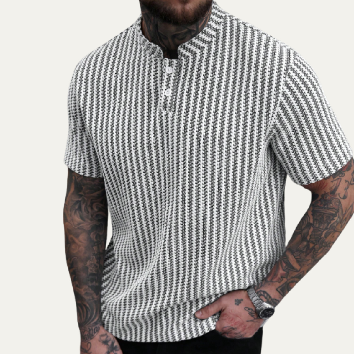 Men's Short Sleeve Polo Shirt with Textured Pattern and Button Collar