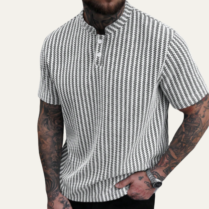 Men's Short Sleeve Polo Shirt with Textured Pattern and Button Collar