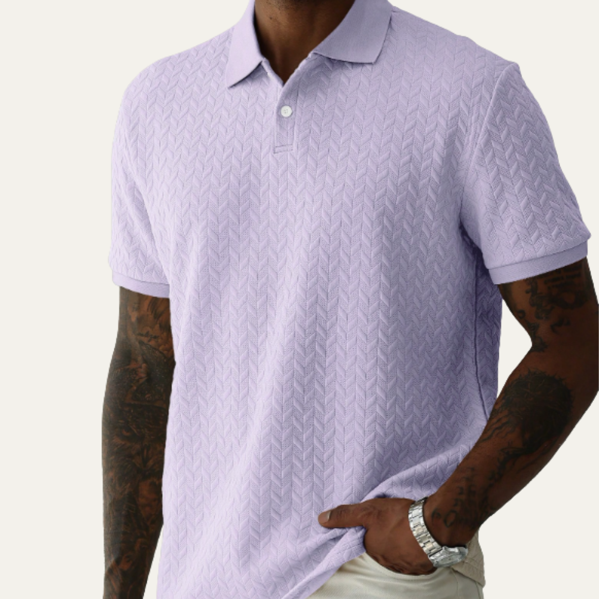 Men's Short Sleeve Polo Shirt with Textured Pattern and Button Collar