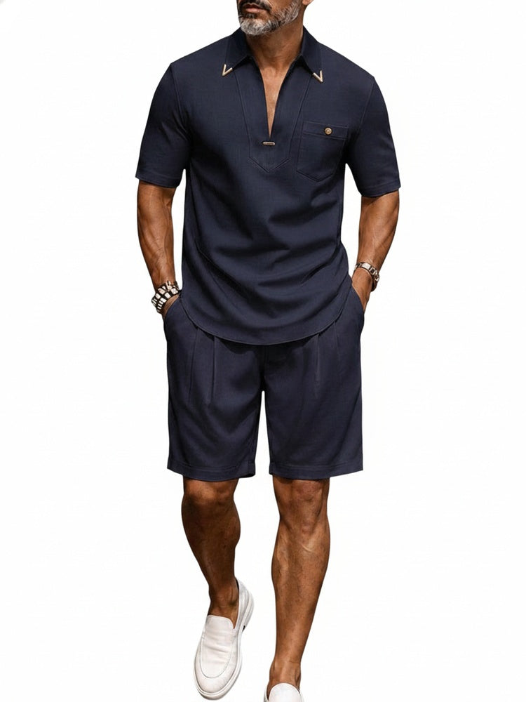Men's Short Sleeve Polo Short Set with V-Neck and Chest Pocket
