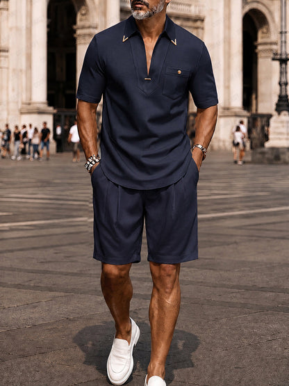 Men's Short Sleeve Polo Short Set with V-Neck and Chest Pocket