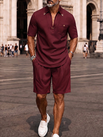 Men's Short Sleeve Polo Short Set with V-Neck and Chest Pocket