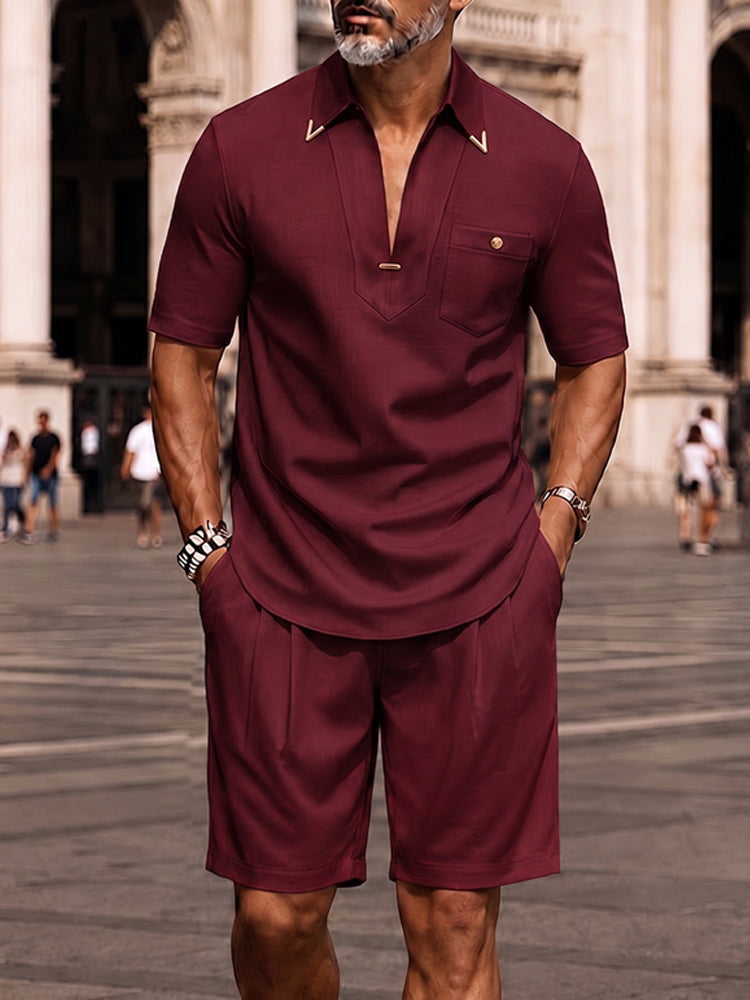 Men's Short Sleeve Polo Short Set with V-Neck and Chest Pocket