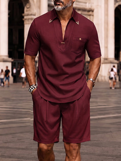 Men's Short Sleeve Polo Short Set with V-Neck and Chest Pocket