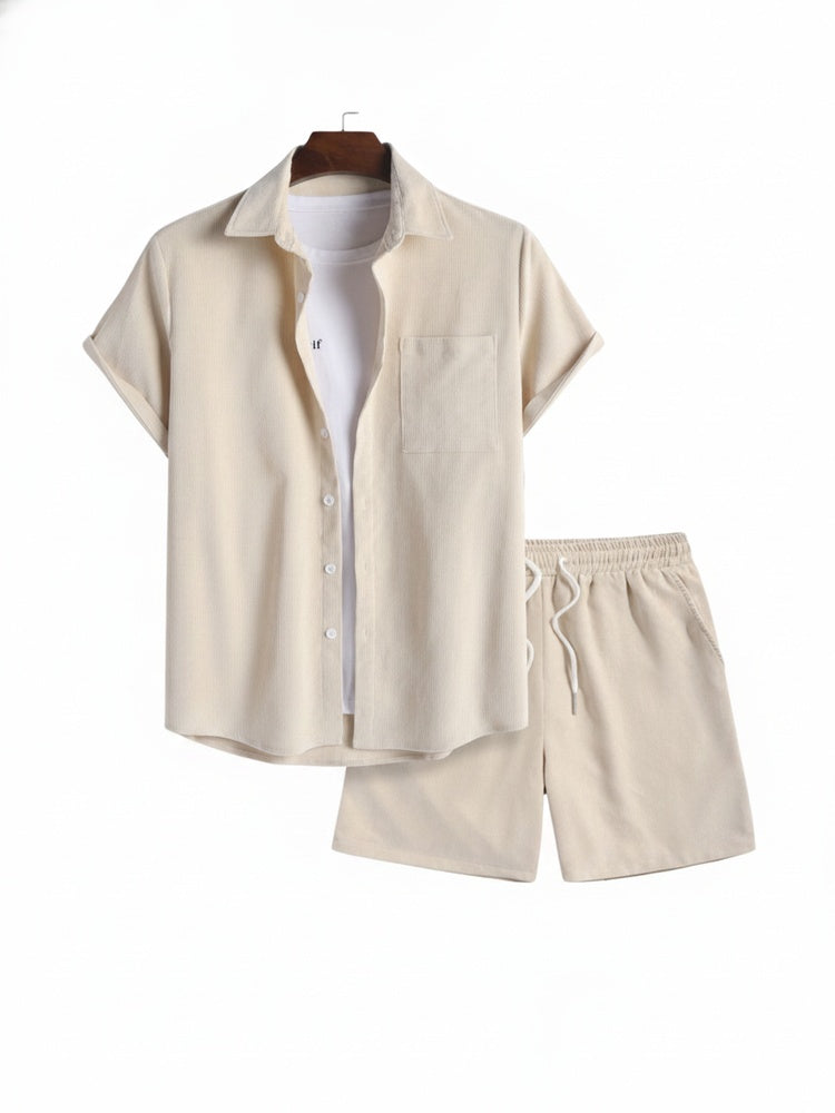 Men's Short Sleeve Shirt and Shorts Clothing Set with Button Closure