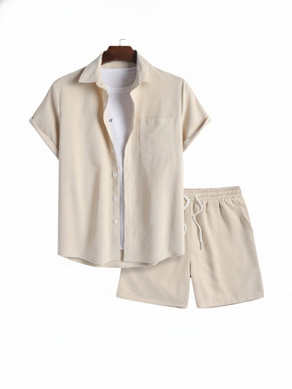 Men's Short Sleeve Shirt and Shorts Clothing Set with Button Closure