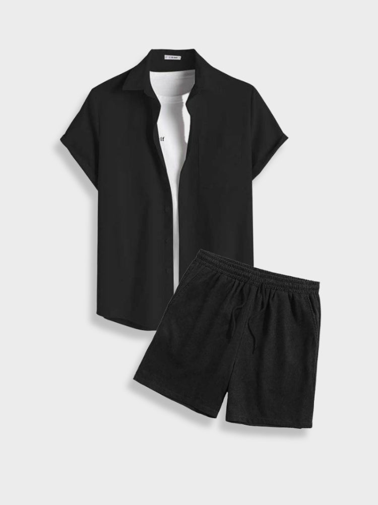 Men's Short Sleeve Shirt and Shorts Clothing Set with Button Closure