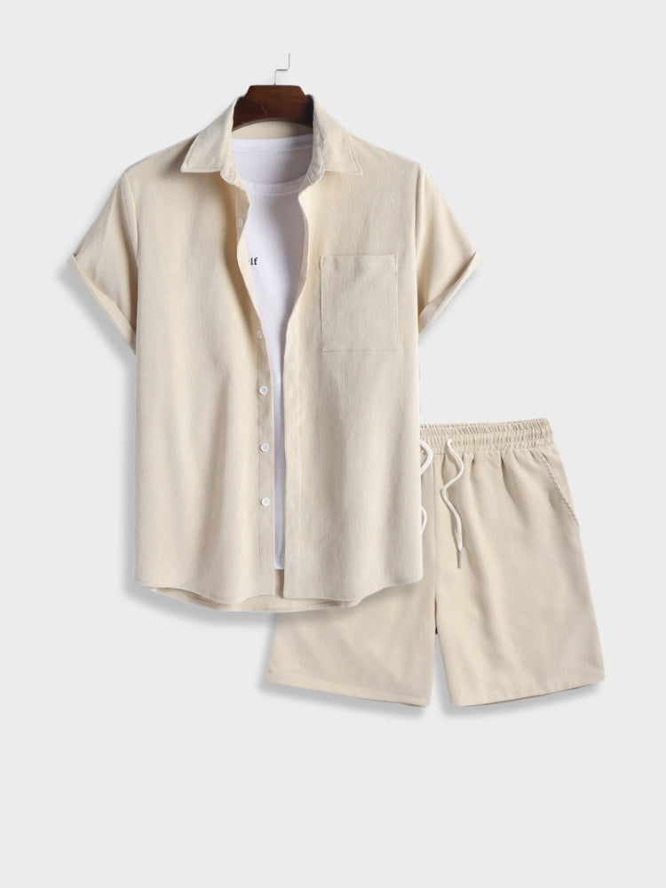 Men's Short Sleeve Shirt and Shorts Clothing Set with Button Closure