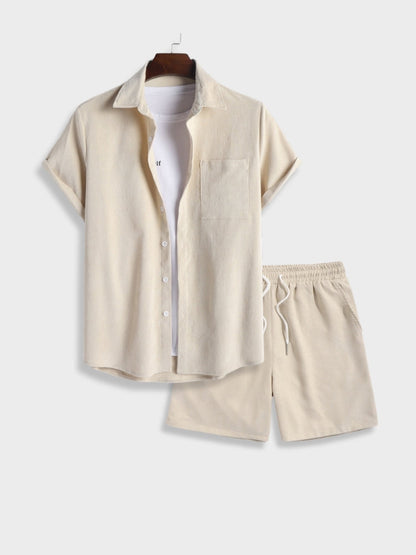 Men's Short Sleeve Shirt and Shorts Clothing Set with Button Closure