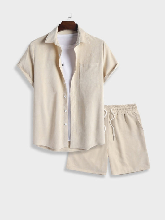 Men's Short Sleeve Shirt and Shorts Clothing Set with Button Closure