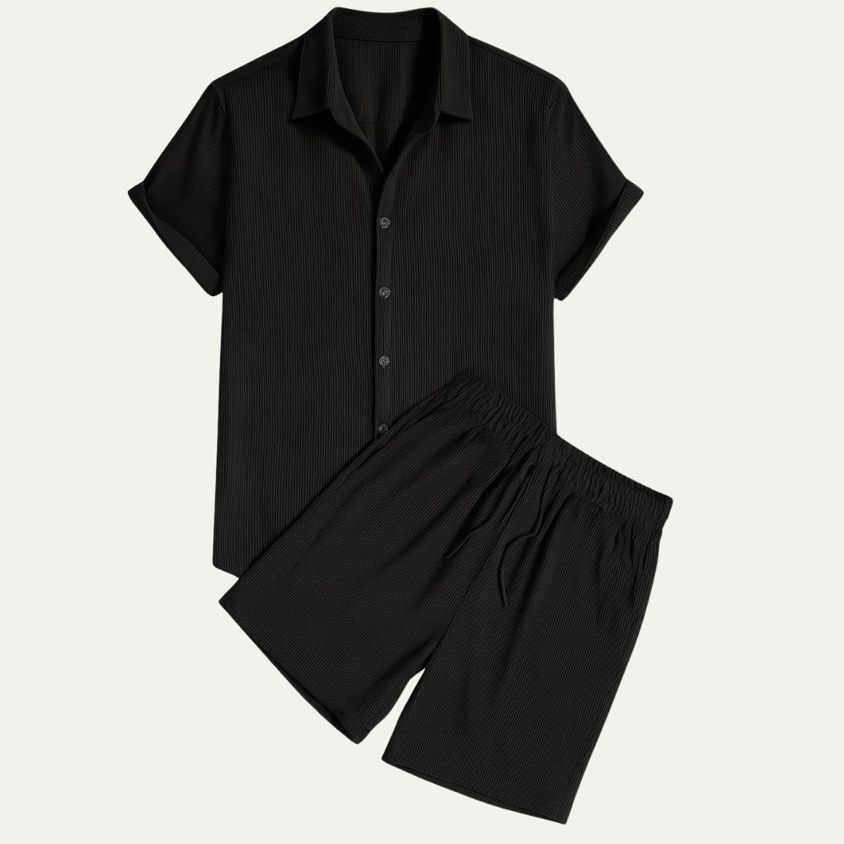 Men's Short Sleeve Shirt and Shorts Set with Camp Collar and Drawstring