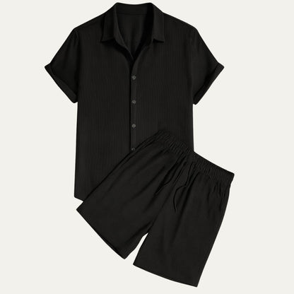 Men's Short Sleeve Shirt and Shorts Set with Camp Collar and Drawstring