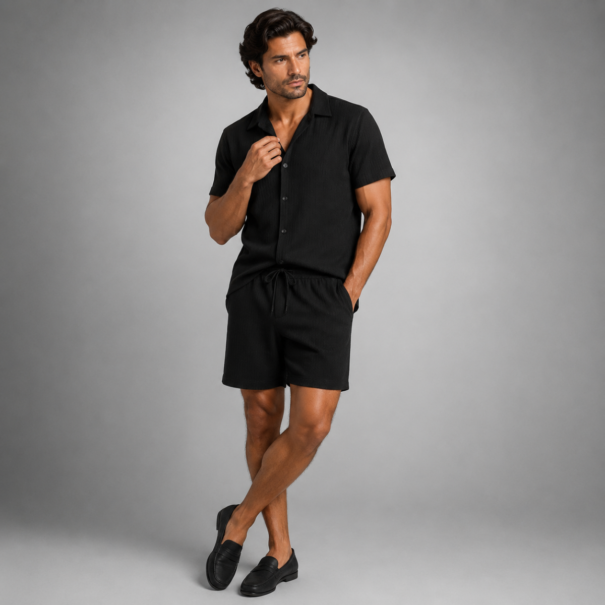 Men's Short Sleeve Shirt and Shorts Set with Camp Collar and Drawstring