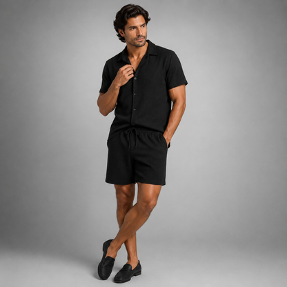 Men's Short Sleeve Shirt and Shorts Set with Camp Collar and Drawstring