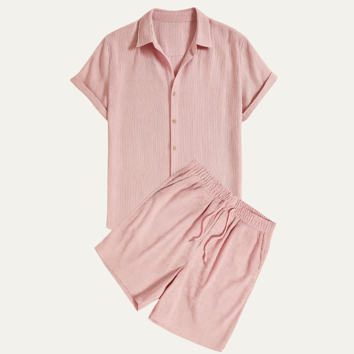 Men's Short Sleeve Shirt and Shorts Set with Camp Collar and Drawstring
