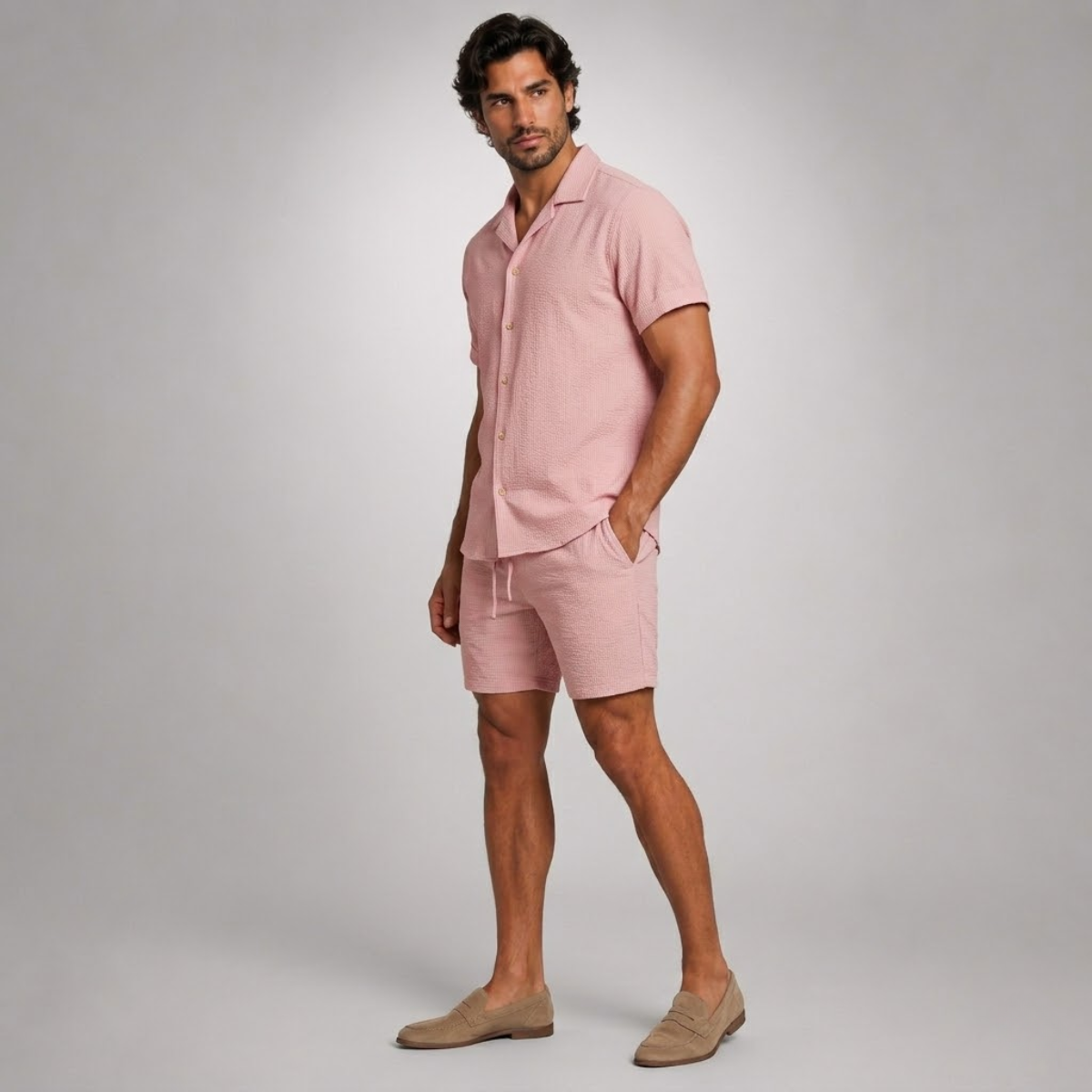 Men's Short Sleeve Shirt and Shorts Set with Camp Collar and Drawstring