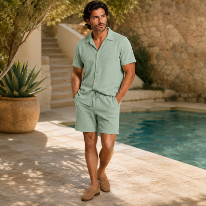 Men's Short Sleeve Shirt and Shorts Set with Camp Collar and Drawstring