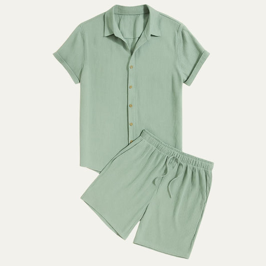 Men's Short Sleeve Shirt and Shorts Set with Camp Collar and Drawstring