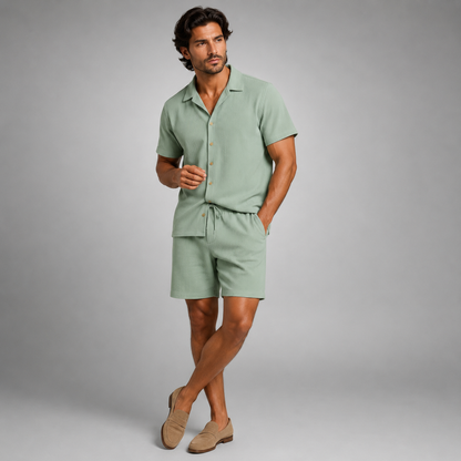 Men's Short Sleeve Shirt and Shorts Set with Camp Collar and Drawstring
