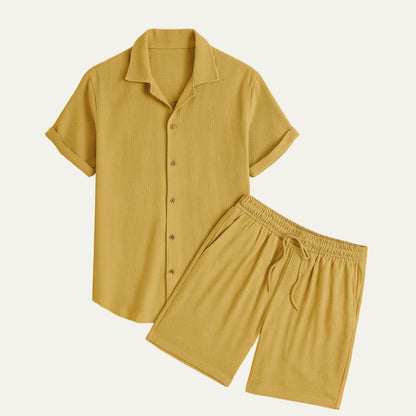 Men's Short Sleeve Shirt and Shorts Set with Camp Collar and Drawstring