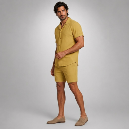 Men's Short Sleeve Shirt and Shorts Set with Camp Collar and Drawstring