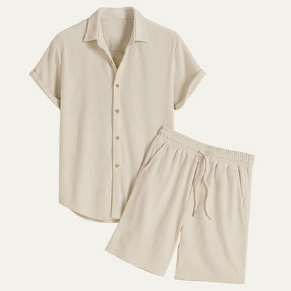 Men's Short Sleeve Shirt and Shorts Set with Camp Collar and Drawstring