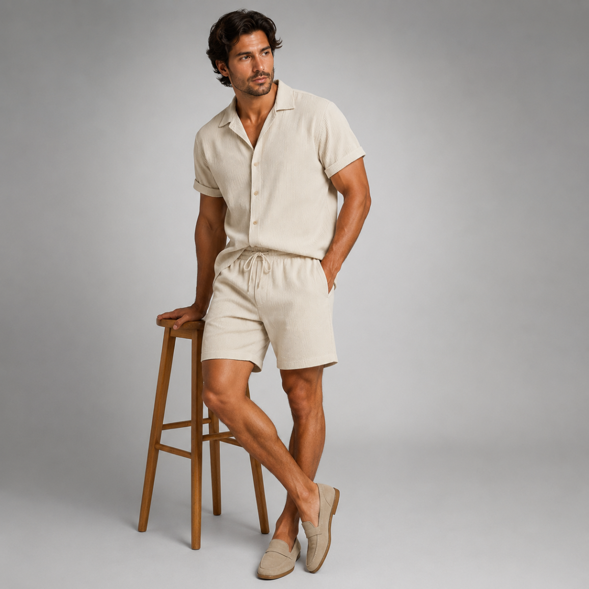 Men's Short Sleeve Shirt and Shorts Set with Camp Collar and Drawstring