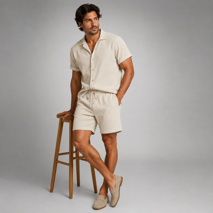 Men's Short Sleeve Shirt and Shorts Set with Camp Collar and Drawstring