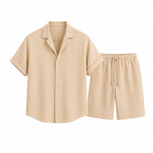 Men's Short Sleeve Linen Shirt and Shorts Set with Camp Collar and Drawstring Waist
