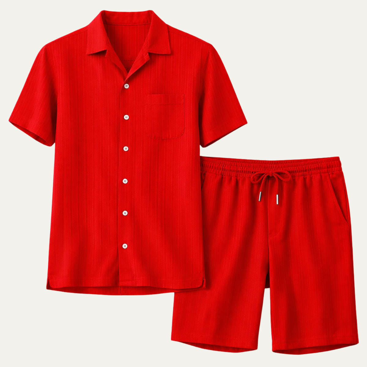 Men's Short Sleeve Shirt and Shorts Set with Camp Collar and Drawstring Waist