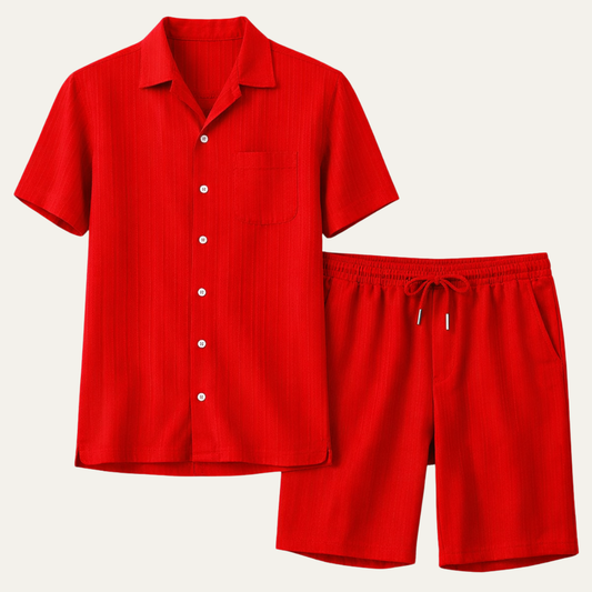 Men's Short Sleeve Shirt and Shorts Set with Camp Collar and Drawstring Waist