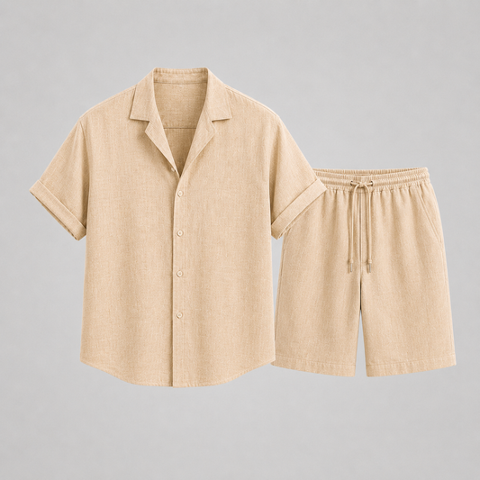 Men's Short Sleeve Linen Shirt and Shorts Set with Camp Collar and Drawstring Waist