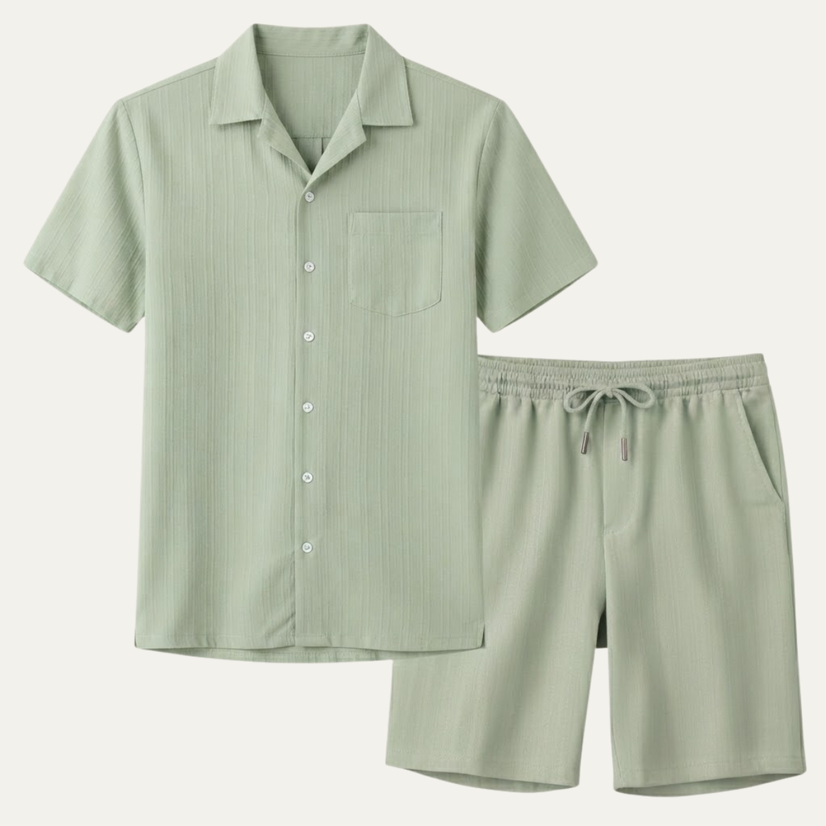Men's Short Sleeve Shirt and Shorts Set with Camp Collar and Drawstring Waist